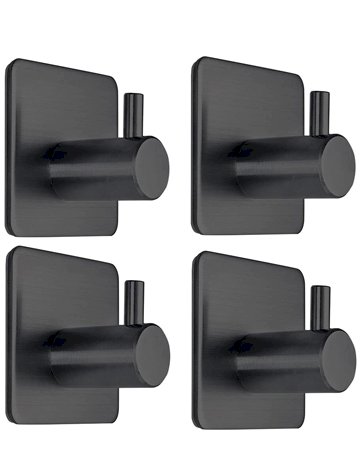 Fotosnow Black Adhesive Towel Hooks Heavy Duty Stick on Wall Hooks Shower Hooks for Bathroom Kitchen Door-4 Packs