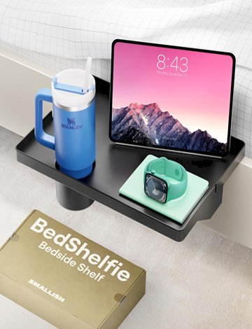 BedShelfie with Deep Cupholder The Original Bedside Shelf for Bed Bunk Bed Shelf College Dorm Room Essentials Dorm Bed Shelf Clip-on Table Tray Caddy As Seen On Business Insider (Lg 17 x 11.6 Black)