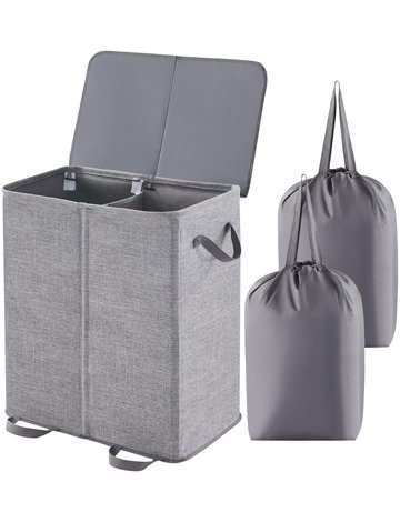 Lifewit Double Laundry Hamper with Lid and Removable Laundry Bags, Large Collapsible 2 Dividers Dirty Clothes Basket with Handles for Bedroom, Laundry Room, Closet, Bathroom, College, Grey