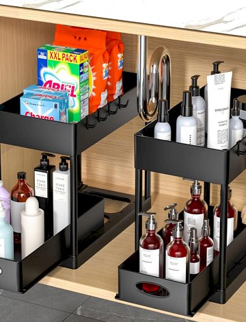 PUILUO 2 Set Under Sink Cabinet Organizer, 2 Tier Storage Under Cabinet Bathroom Under Sink Organizers and Storage Black Under Sink Storage for Bathroom Kitchen