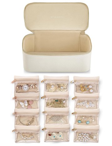 Vlando Jewelry Box,Travel Storage Bags,Modern Decor,PU Leather Jewelry Case for 12 Clear Velvet Bags,Valentine's Day,Weeding, Memorial Day, Brithday Gift White